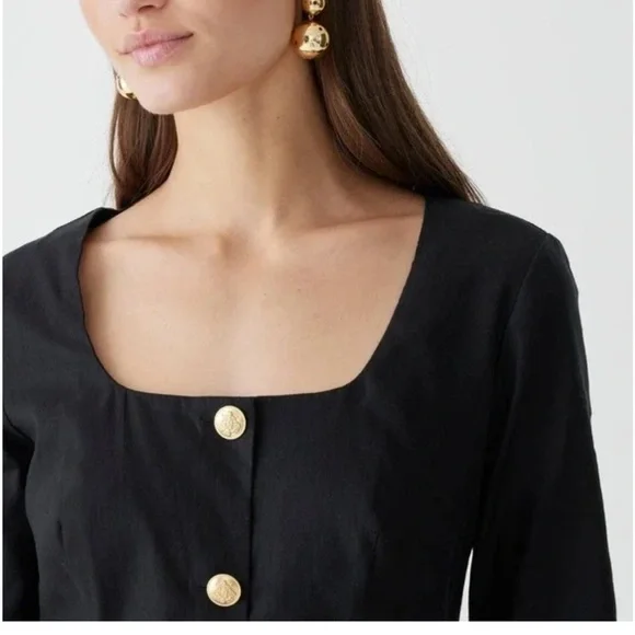 J Crew Long Sleeve Button Mini Dress Black Linen Blend Square Neck size 12 - Picture 6 of 8